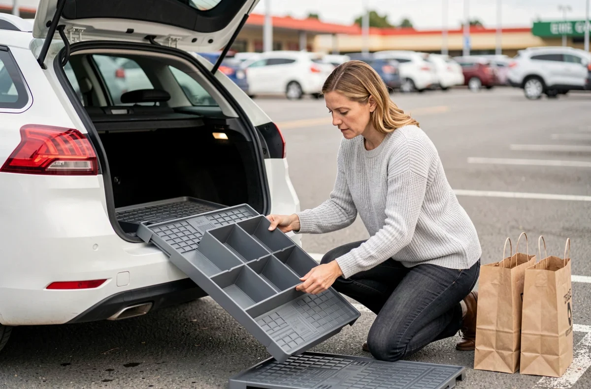 Femme installant un organisateur de coffre modulable dans le coffre d'une Peugeot 308 SW blanche dans un parking