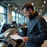 Acheteur de maxi-scooter TMAX 750 en concession examinant une fiche de prix en 2026