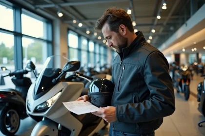 Acheteur de maxi-scooter TMAX 750 en concession examinant une fiche de prix en 2026