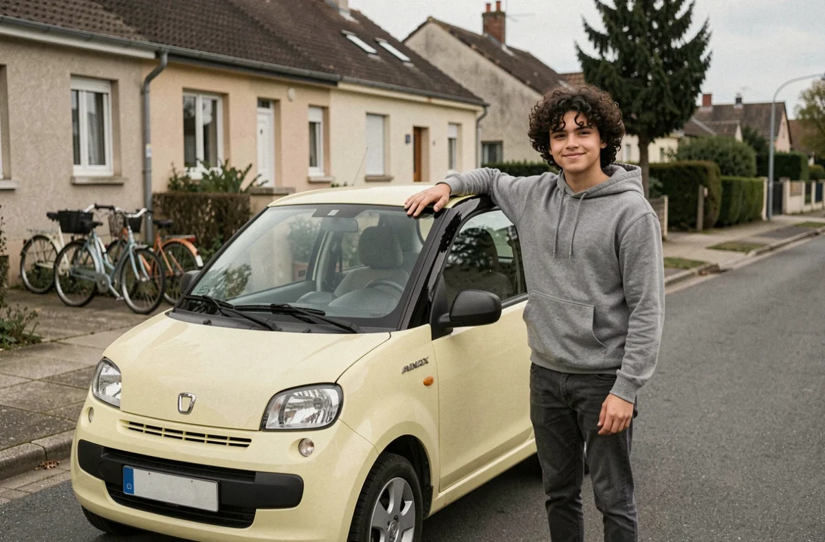 Adolescent de 17 ans posant fièrement à côté de sa voiture sans permis jaune dans une rue résidentielle