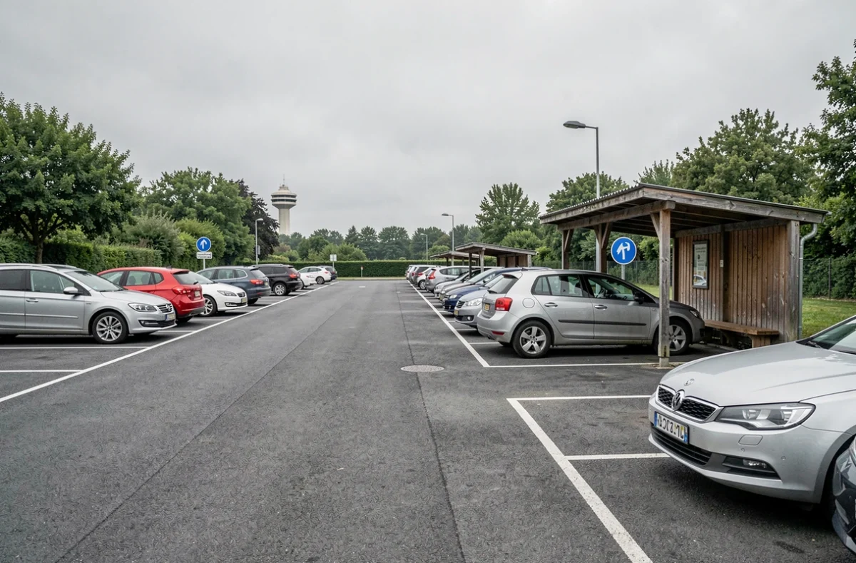 Vue générale de l'aire de covoiturage de Chavagne avec ses emplacements de stationnement et sa signalétique