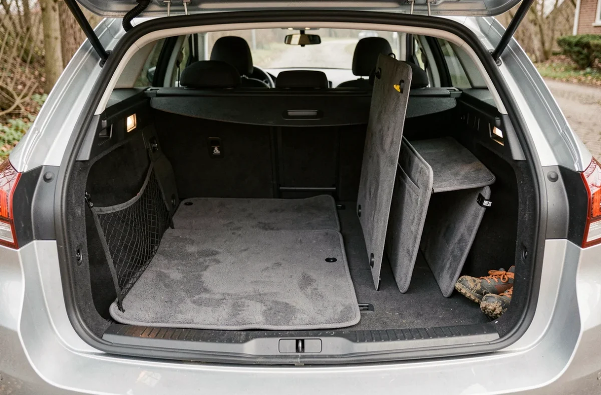 Vue intérieure du coffre d'une Peugeot 308 SW équipé d'un tapis velours, filet de rangement et séparateur de coffre