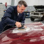 Technicien automobile appliquant un polish sur carrosserie rouge avec une polisseuse orbitale dans un atelier de rénovation