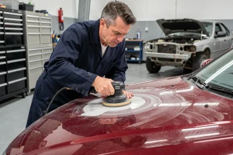 Technicien automobile appliquant un polish sur carrosserie rouge avec une polisseuse orbitale dans un atelier de rénovation