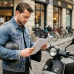 Homme tenant un document d'assurance scooter dans une rue pavée de Paris, air perplexe, casque sous le bras