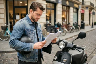 Homme tenant un document d'assurance scooter dans une rue pavée de Paris, air perplexe, casque sous le bras