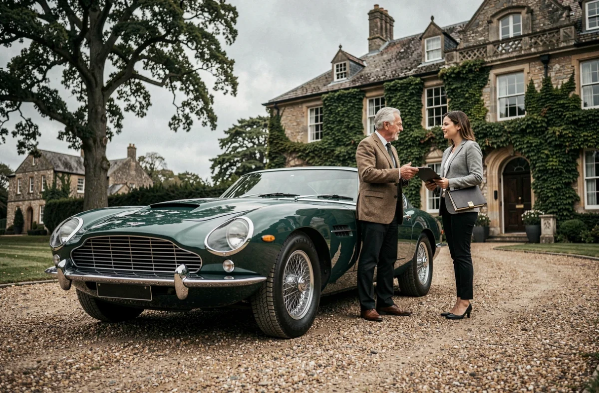 Propriétaire d'une Aston Martin ancienne des années 70 en discussion avec une experte en assurance devant un manoir de campagne anglais
