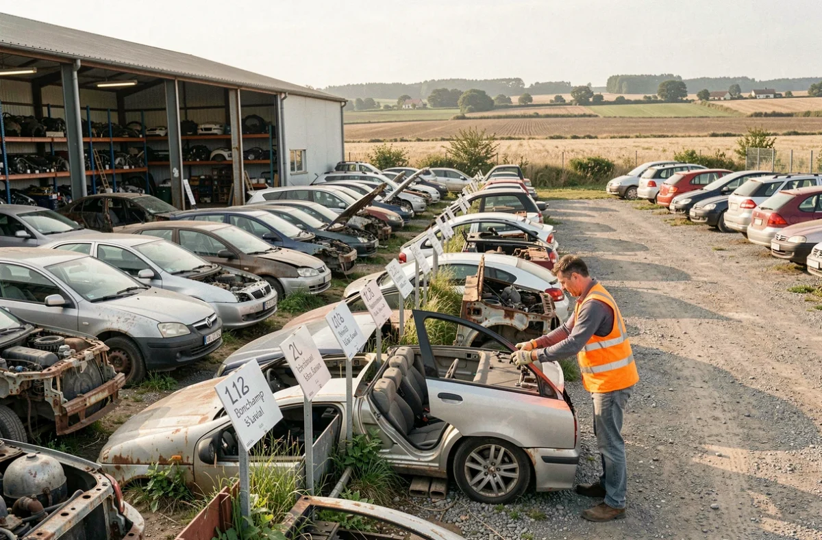Centre de recyclage automobile Atlantic Recycl Auto à Bonchamp-lès-Laval avec un technicien en gilet orange démontant une portière de véhicule dans un parc de pièces détachées organisé