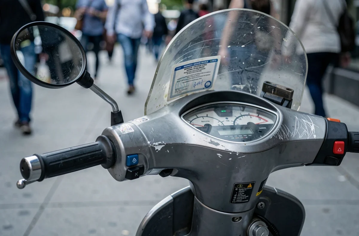 Gros plan sur le tableau de bord d'un scooter avec attestation d'assurance visible derrière le pare-brise