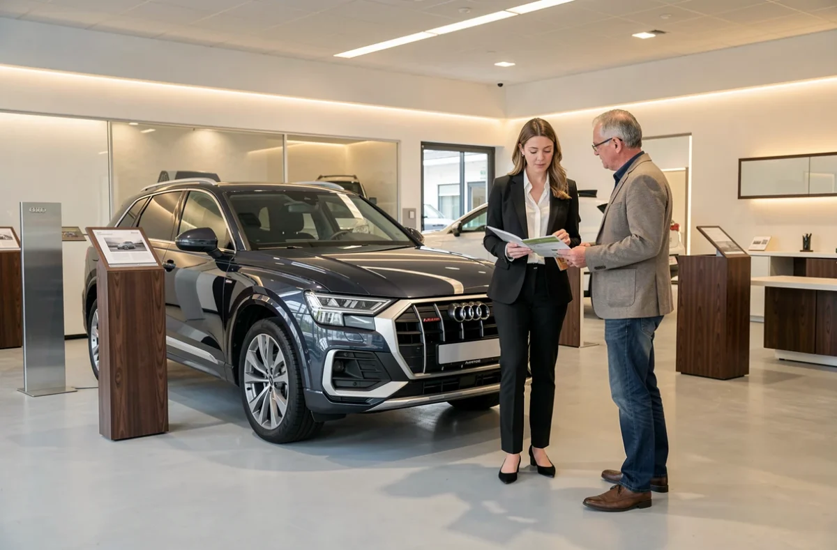 Showroom de la concession Audi Avenir Automobiles à Beaucouzé avec un SUV Audi exposé et une consultante présentant des documents à un client