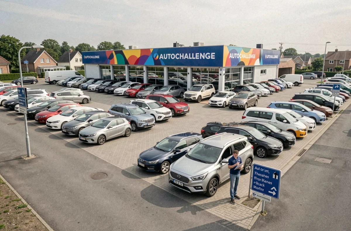Vaste parc de véhicules d'occasion du concessionnaire Autochallenge avec rangées de voitures et vendeur