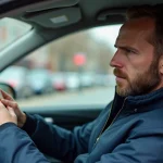 Automobiliste tenant une contravention dans son véhicule, expression préoccupée face à une amende reçue