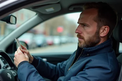 Automobiliste tenant une contravention dans son véhicule, expression préoccupée face à une amende reçue