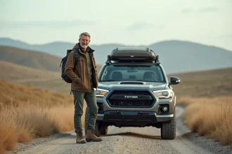 Homme d'âge moyen près d'un SUV en pleine nature