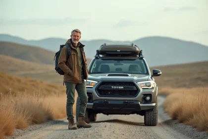 Homme d'âge moyen près d'un SUV en pleine nature