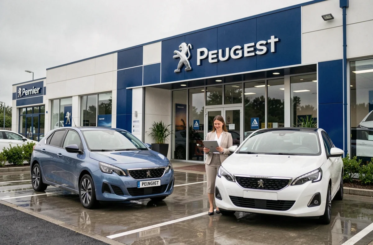 Façade du concessionnaire Bernier Peugeot avec deux modèles en exposition et une conseillère commerciale