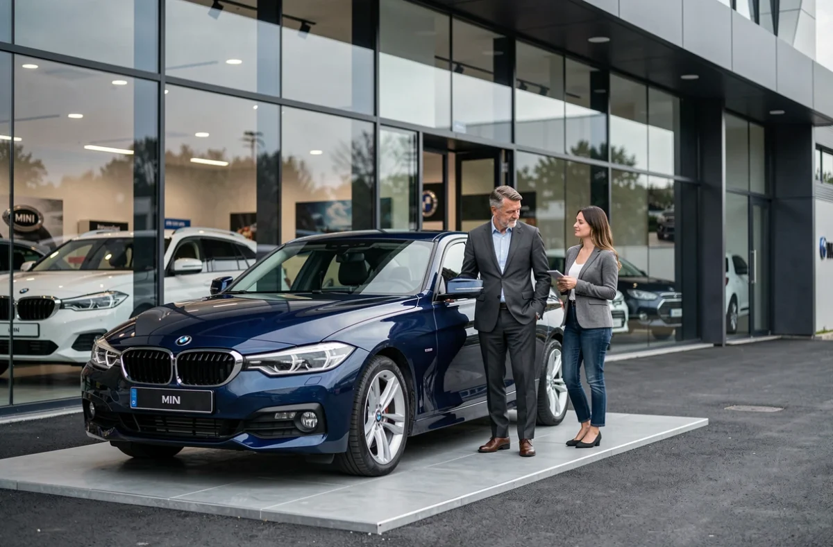 Concession BMW-MINI à Vélizy avec une BMW d'occasion exposée et un conseiller commercial aidant des clients