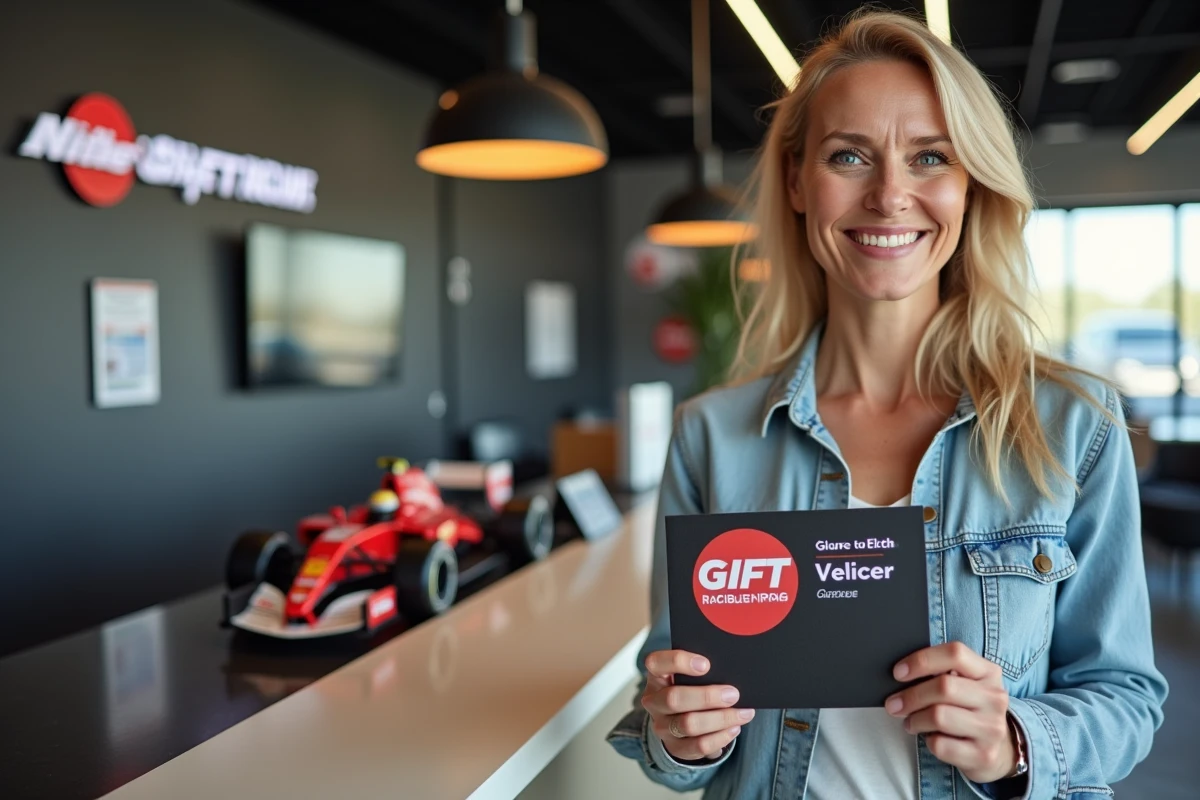 Femme tenant un bon cadeau pour un stage de pilotage sur circuit dans l'accueil d'un centre automobile
