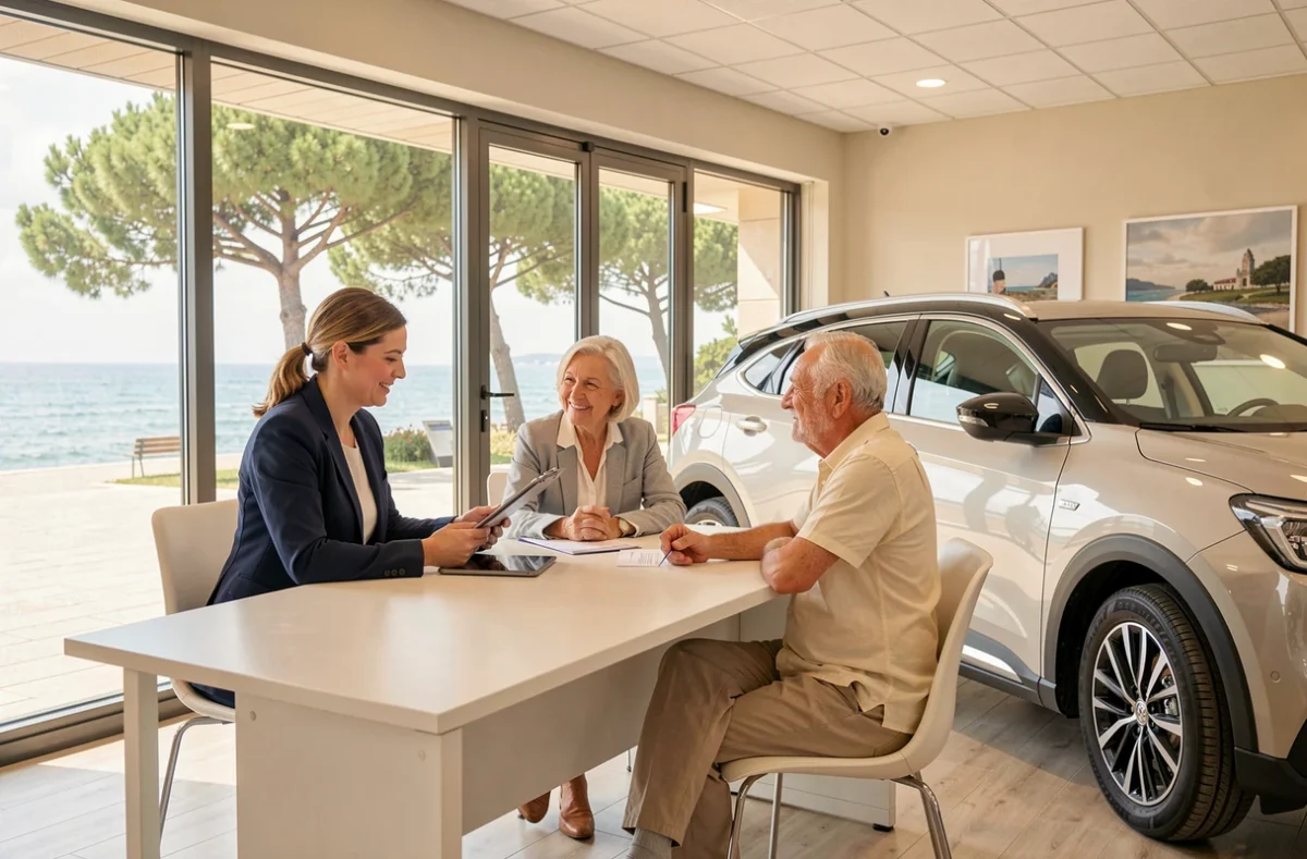 Intérieur de BP Autos à La Baule-Escoublac avec une conseillère présentant des offres sur tablette à un couple de clients dans un showroom lumineux aux touches côtières