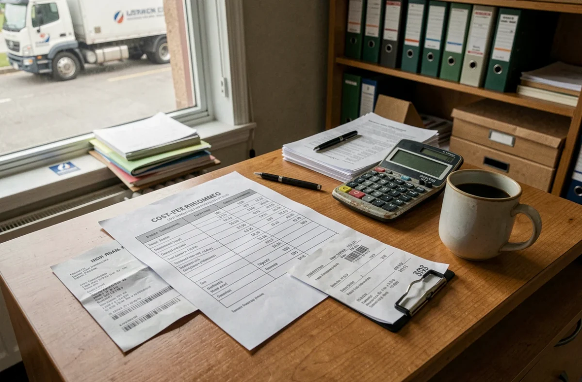 Bureau d'entreprise de transport avec feuille de calcul des coûts au kilomètre, reçu de carburant et calculatrice pour camion 38 tonnes