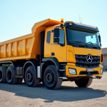 Camion benne d'occasion stationne sur un terrain de gravier en plein jour