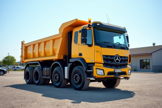 Camion benne d'occasion stationne sur un terrain de gravier en plein jour