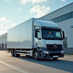 Camion de livraison moderne devant un entrepôt logistique en journée