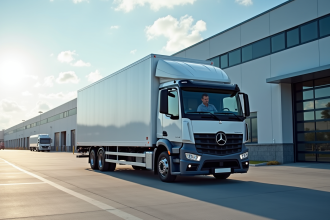 Camion de livraison moderne devant un entrepôt logistique en journée