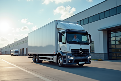 Camion de livraison moderne devant un entrepôt logistique en journée
