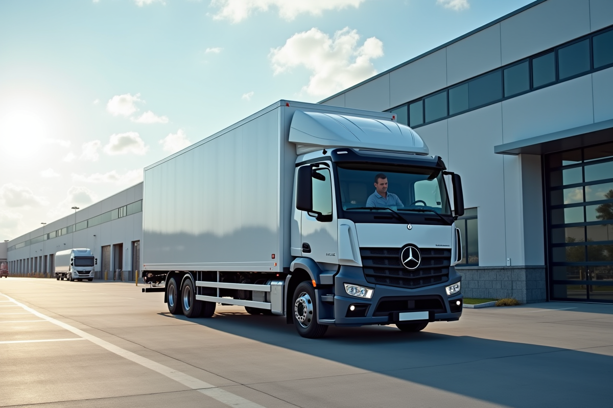 Camion de livraison moderne devant un entrepôt logistique en journée