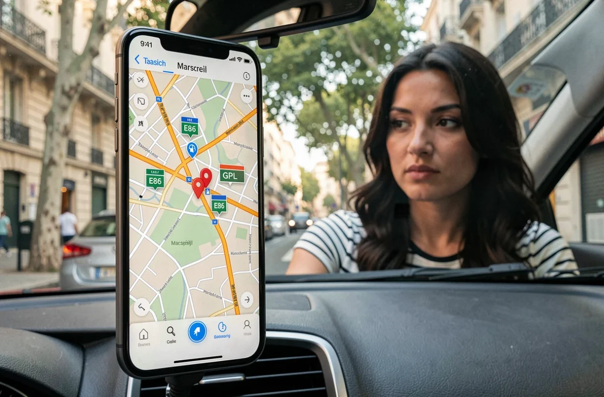 Conductrice cherchant une station GPL ou E85 sur carte numérique à Marseille depuis son véhicule