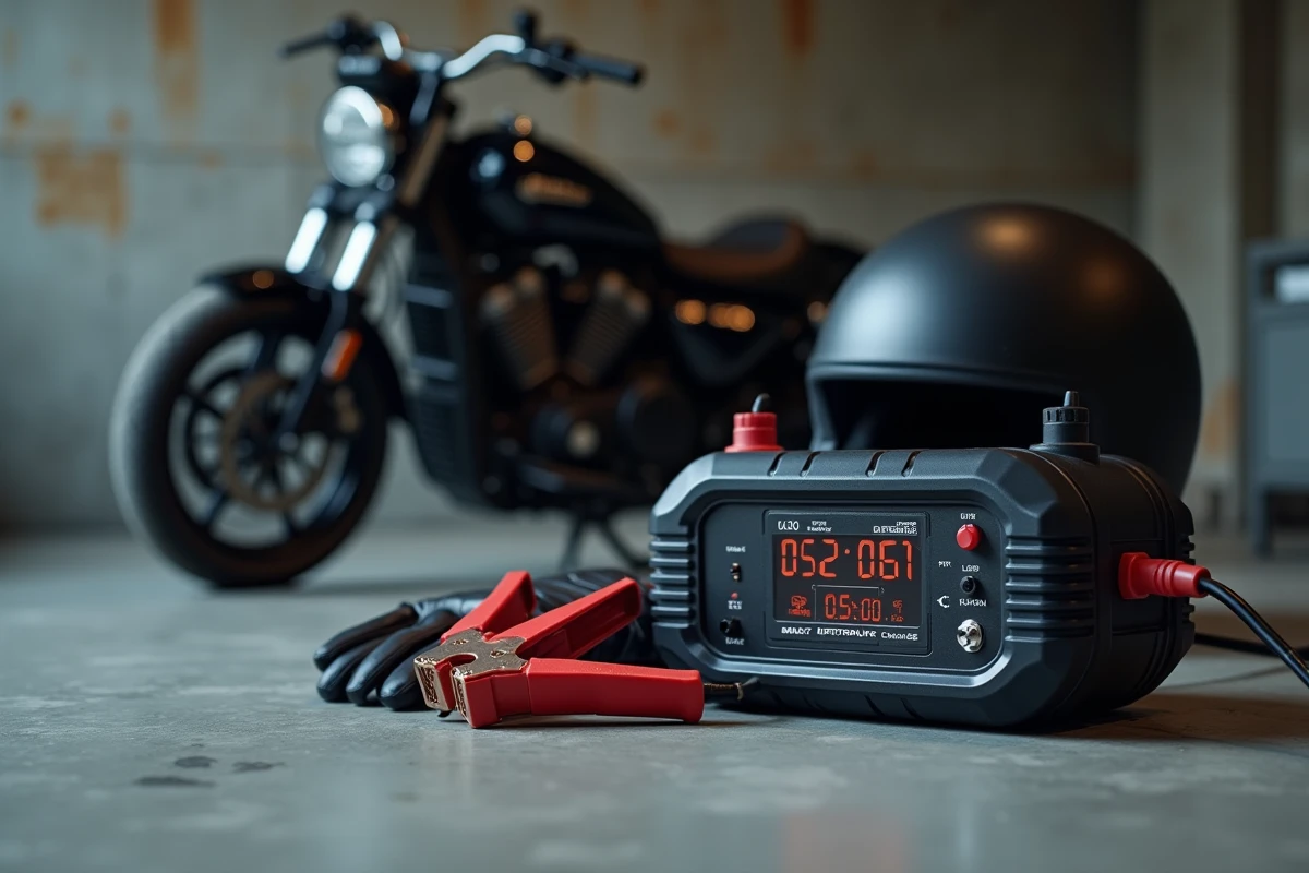 Chargeur de maintien intelligent connecté à une batterie de moto sur un sol de garage