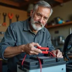 Mécanicien connectant un chargeur de maintien à une batterie de voiture dans un garage