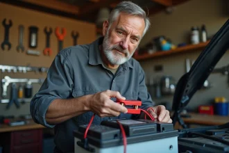 Mécanicien connectant un chargeur de maintien à une batterie de voiture dans un garage