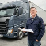 Chauffeur de camion 38 tonnes debout devant son semi-remorque dans un dépôt logistique, tenant un document de calcul de rentabilité