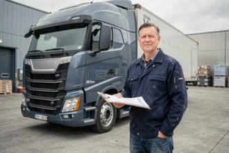 Chauffeur de camion 38 tonnes debout devant son semi-remorque dans un dépôt logistique, tenant un document de calcul de rentabilité