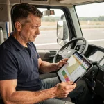 Chauffeur de poids lourd consultant son tableau de temps de conduite et de repos dans la cabine de son camion