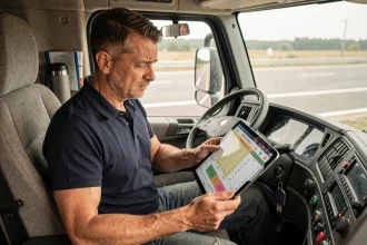 Chauffeur de poids lourd consultant son tableau de temps de conduite et de repos dans la cabine de son camion
