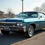 Chevrolet Impala 1967 4 portes vue trois-quarts avant sur parking asphalte, peinture bleue métallisée et chrome d'époque