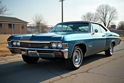 Chevrolet Impala 1967 4 portes vue trois-quarts avant sur parking asphalte, peinture bleue métallisée et chrome d'époque