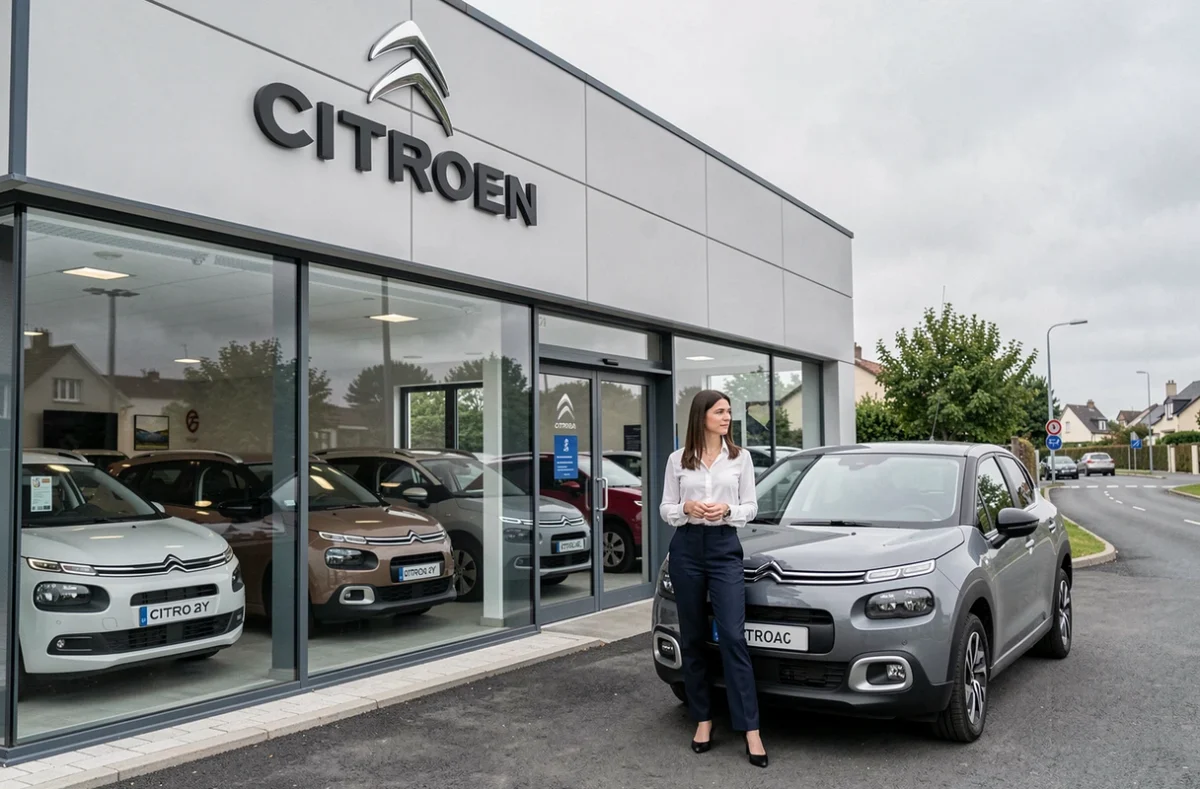 Concession Citroën Axiome à Andrésy avec vitrine moderne et véhicules d'occasion en exposition