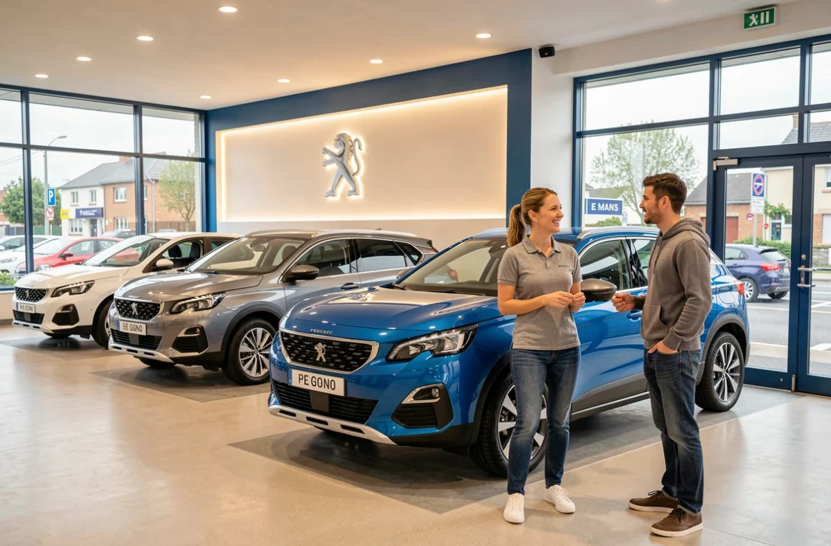 Salle d'exposition de Clara Peugeot au Mans avec plusieurs modèles Peugeot récents et une commerciale discutant avec un couple de clients