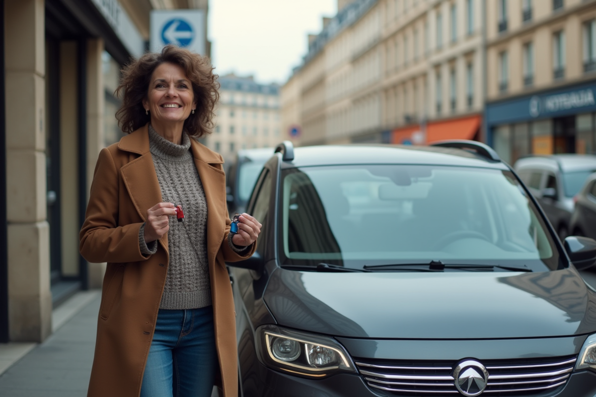 Femme souriante tenant des clés de voiture devant un véhicule