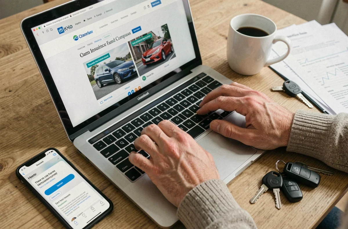Mains tapant sur un ordinateur pour comparer des assurances auto en ligne après une résiliation de contrat