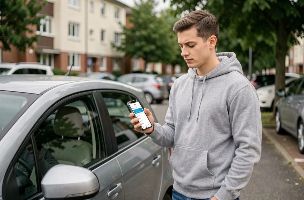 Jeune homme consultant une application de comparaison d'assurance auto sur son smartphone près de sa voiture