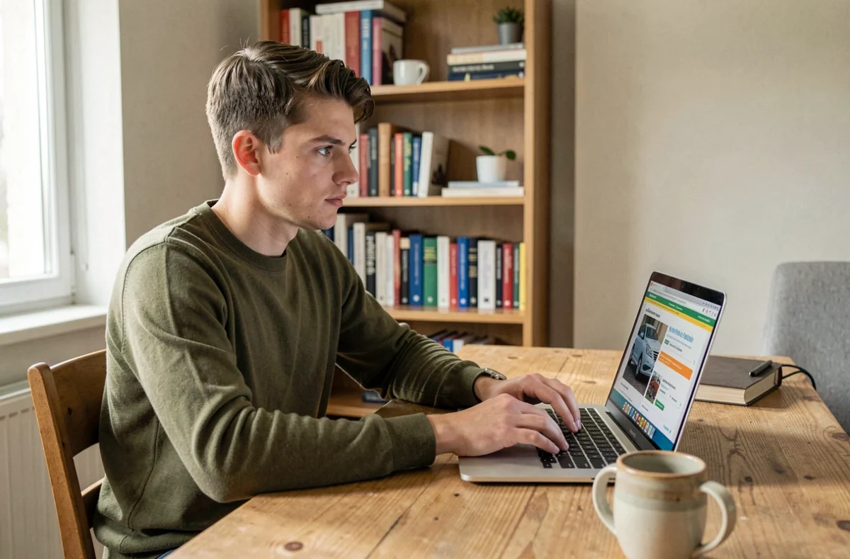 Jeune homme comparant des offres d'assurance jeune conducteur sur son ordinateur portable dans un appartement