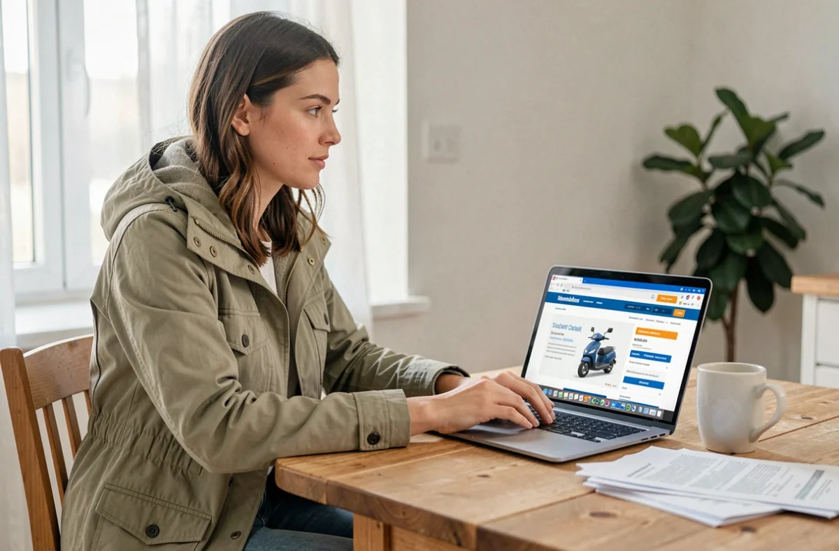 Femme comparant des offres d'assurance scooter low cost sur un ordinateur portable à la maison