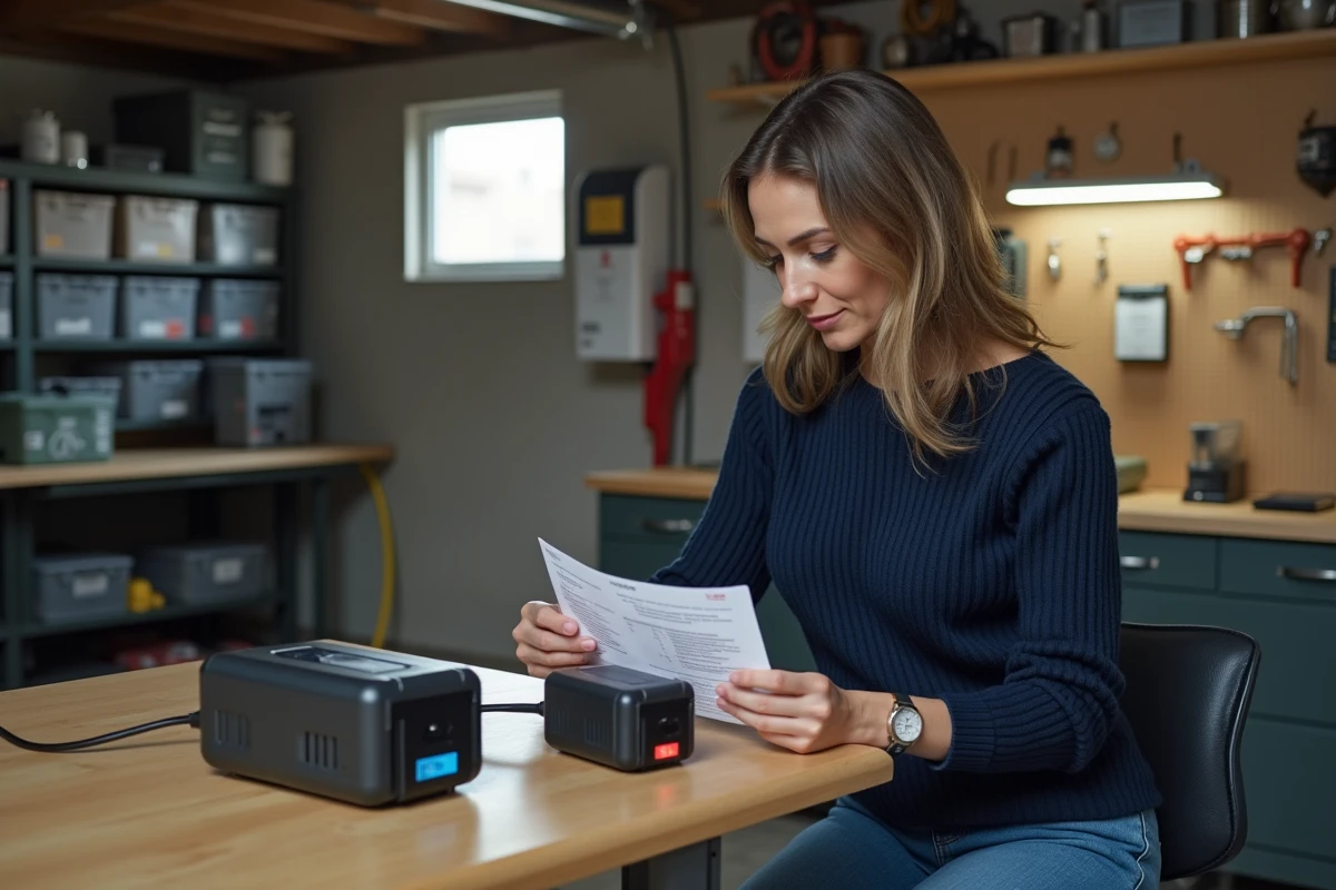 Femme comparant deux modèles de chargeurs de maintien pour batterie sur un établi