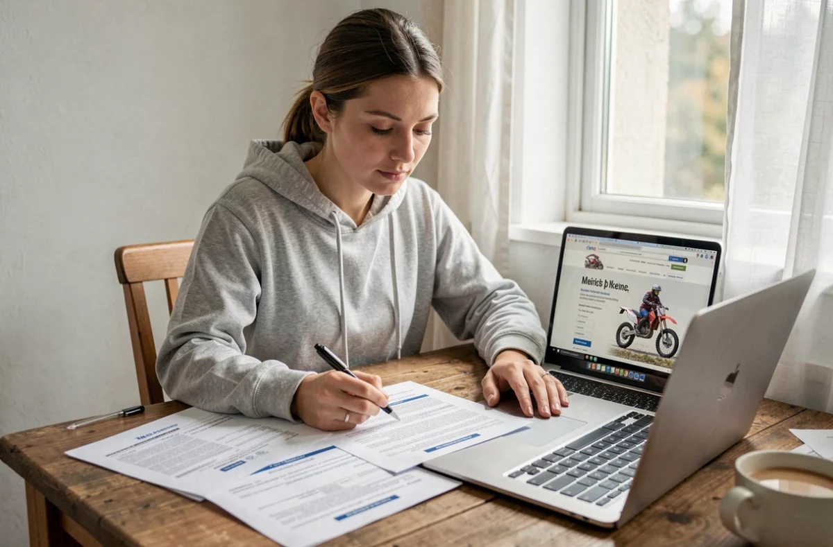 Femme comparant des devis d'assurance moto cross sur son ordinateur à la maison