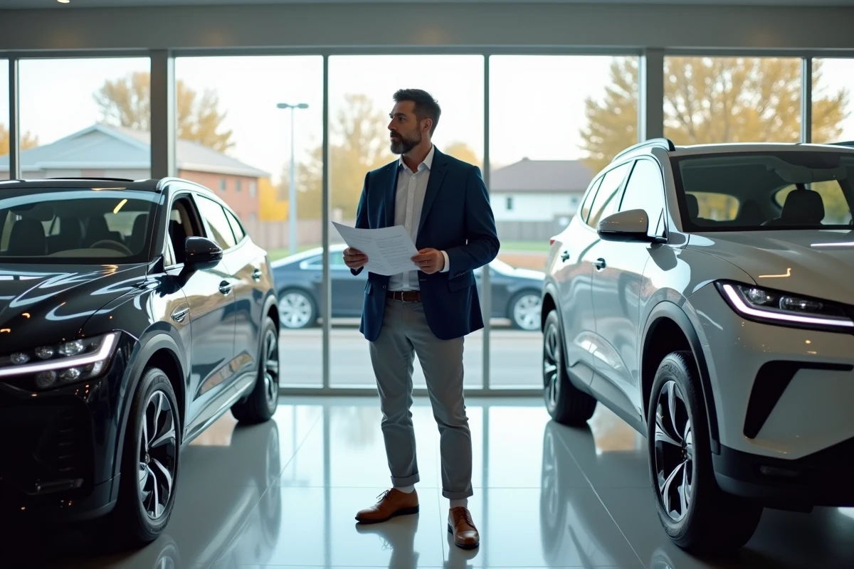 Journaliste automobile comparant un SUV classique et un 4x4 électrique dans une concession, analyse coût sur 5 ans